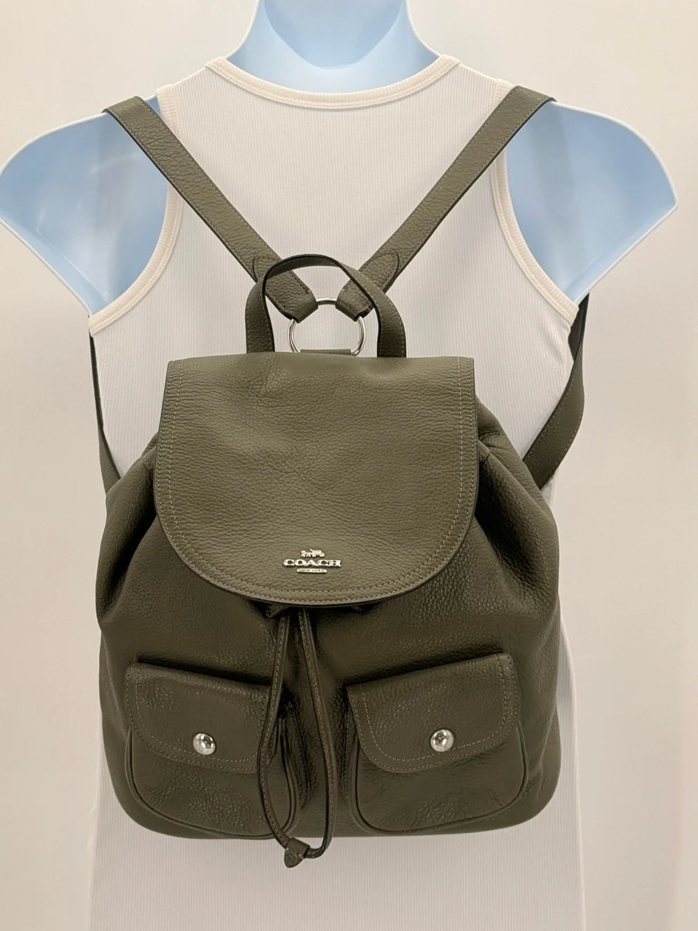 COACH Pebbled Leather Pennie Drawstring Backpack Olive Green